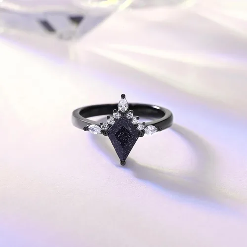 Vista 5 de Anillo de boda gótico negro con piedra arenisca azul, anillos de promesa únicos para mujer