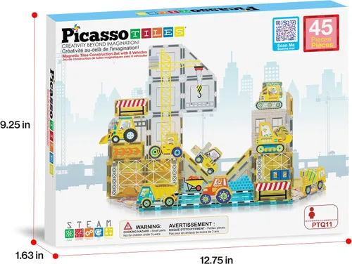 Vista 9 de PicassoTiles Bloques Magnéticos de Construcción con 8 Vehículos de Construcción: Camión Grúa, Excavadora, Bulldozer, Rodillo Compactador, Mezcladora