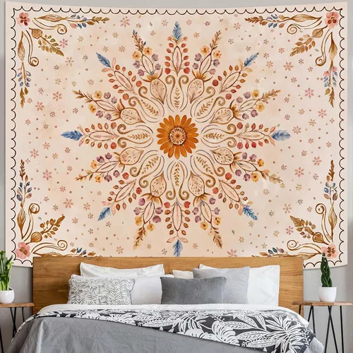 Vista 27 de Fowocu Tapiz bohemio con mandala floral para colgar en la pared, medallón de flores bohemias, tapiz estético, beige, naranja, hippie, indio, pequeño