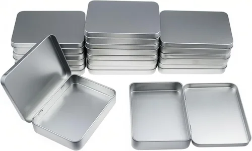 Vista 9 de 12 latas rectangulares de metal con bisagras, color negro, 4.5 x 3.3 x 0.87 pulgadas Contenedores vacíos, organizador de almacenamiento