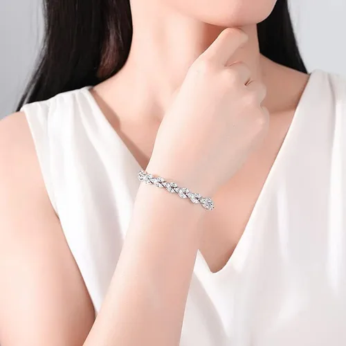 Vista 3 de Pulsera de tenis de cristal de oro de 14 quilates para mujer, diseño de hojas delicadas, bisel con bisel y ajuste de cristal natural, regalo