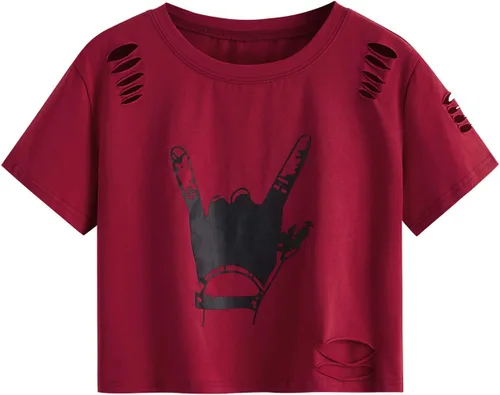 Vista 8 de SweatyRocks - Camiseta de manga corta con estampado gráfico y diseño desgastado para mujer Gesto Negro