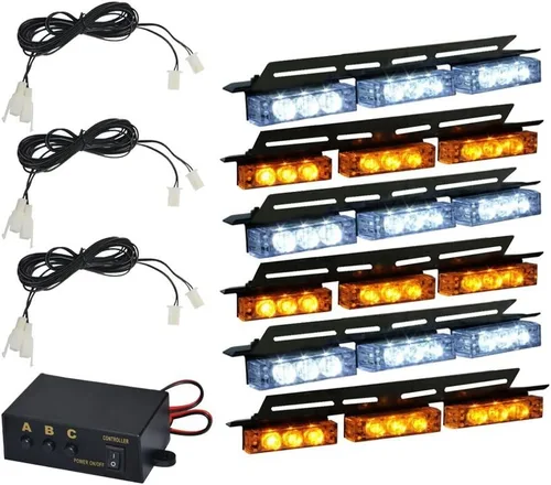 Vista 4 de Barra de luces estroboscópicas de advertencia de emergencia blanca y ámbar, 54 LED, 6 paneles, parabrisas, parrilla, luces estroboscópicas, barras