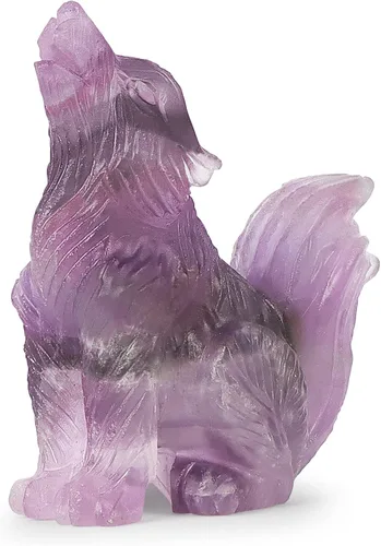 Vista 2 de Figura decorativa de lobo de cola grande de amatista de 2.0 pulgadas, piedras curativas, escultura tallada, adornos de lobo de cristal con caja