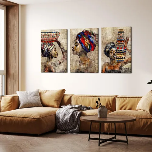 Vista 3 de Biuteawal 3 piezas de arte de pared afroamericano, tribal, negro, niña, estilo étnico, estilo vintage, marrón, pintura abstracta para dormitorio