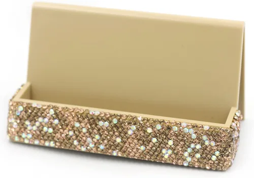 Vista 3 de Tarjetero de cristal con diamantes de imitación para escritorio, soporte de exhibición de tarjetas de visita de escritorio (dorado)