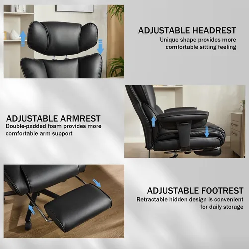 Vista 8 de Silla de oficina grande y alta de 600 libras con reposapiés y brazos abatibles, silla de oficina de tamaño grande para personas pesadas, soporte