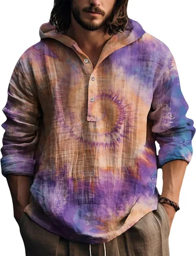 Vista 7 de Sudaderas con capucha para hombre, con estampado de teñido anudado, cuello en V, manga larga, con botones, de gran