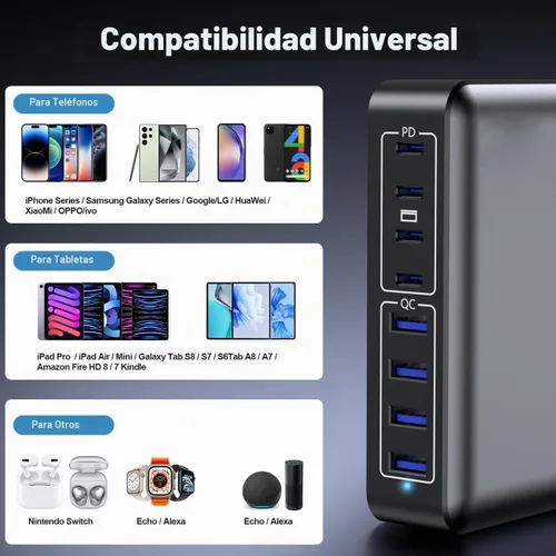 Vista 4 de Cargador USB C de 200 W, estación de carga rápida Gan de 8 puertos, adaptador de carga para laptop PD de 65 W compatible con MacBook Pro/Air, DELL