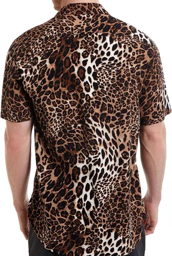 Vista 3 de Camisas de discoteca con estampado de leopardo para hombre, camisa casual de manga corta con botones