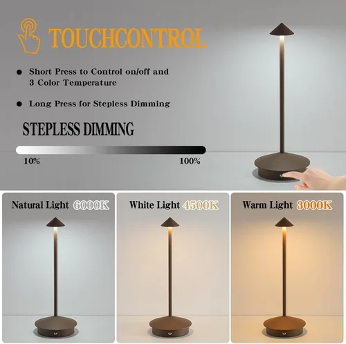 Vista 3 de Paquete de 2 lámparas de mesa inalámbricas recargables LED, portátiles de exterior, 5000 mAh, operadas con batería, luz de mesa con control táctil