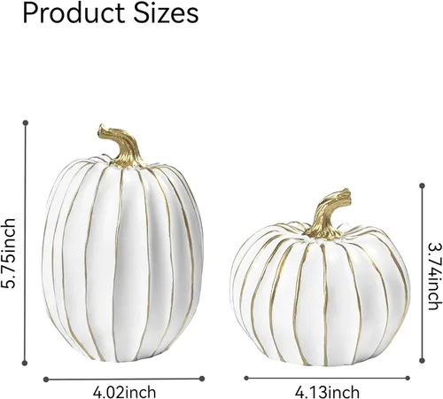 Vista 6 de FESTGLOX Decoración de calabaza de otoño, 2 figuras de calabaza falsas de resina de Acción de Gracias, calabazas blancas y doradas para decoración