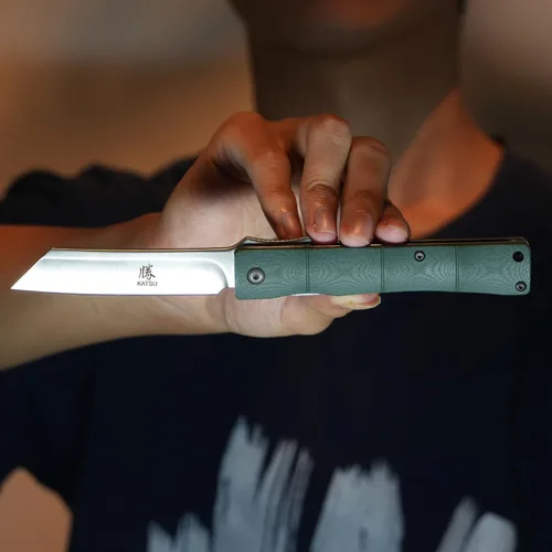 Vista 9 de KATSU, cuchilla de acero D2 hecha a mano, mango G10, estilo japonés, navaja de bolsillo plegable con clip
