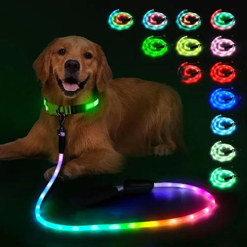 Vista 10 de YFbrite Correa de perro de 4 pies iluminada con 15 modos de parpadeo - Correa de perro LED súper brillante para perros pequeños, medianos y grandes