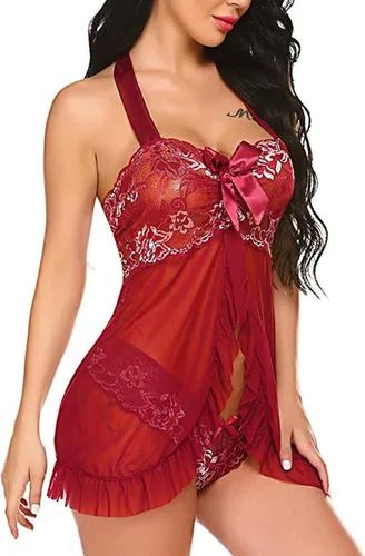Vista 6 de Babydoll - Lencería para mujer, luna de miel, cuello en V, sexy, exótico, parte delantera abierta, con lazo, con volantes, camisón de novia
