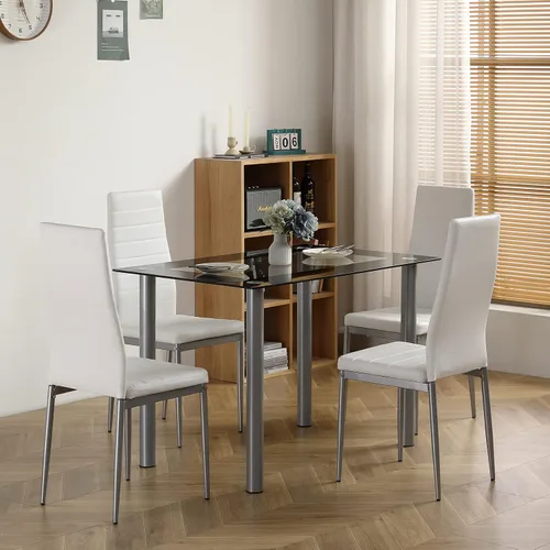Vista 7 de Juego de mesa de comedor de 5 piezas, moderno juego de mesa de comedor negro para 4, mesa de comedor de cocina de vidrio templado con 4 sillas
