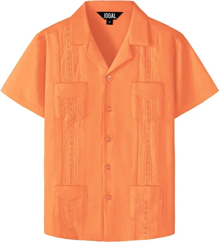 Vista 10 de JOGAL Camisas guayabera cubanas para niños de manga corta con botones, camisa casual de playa Verde militar