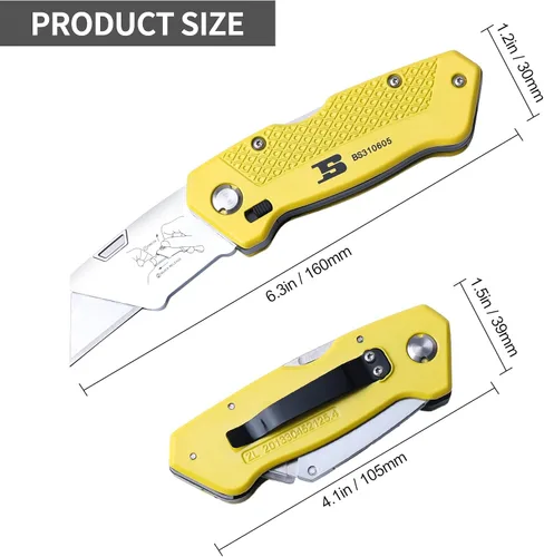 Vista 2 de Cuchillo utilitario plegable, cortador de caja retráctil, plegable, resistente, cambio rápido con 5 cuchillas adicionales