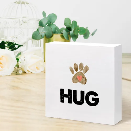 Vista 6 de z-crange Hug Cute Pet Heart Paw Print Wood Block Sign Decoración de escritorio, divertida caja de madera para mascotas, gatos, perros, caja