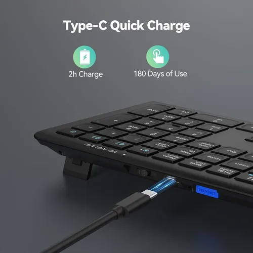 Vista 3 de TECKNET Teclado Bluetooth recargable, conmutación libre de 4 dispositivos (2.4G+BT), teclado inalámbrico ultradelgado de tamaño completo, escritura