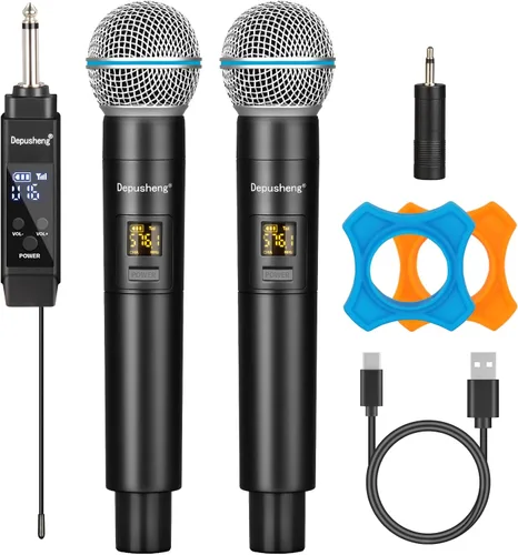 Vista 8 de Depusheng Micrófono inalámbrico, sistema profesional de micrófono dinámico inalámbrico de mano dual con receptor recargable (160 pies), juego