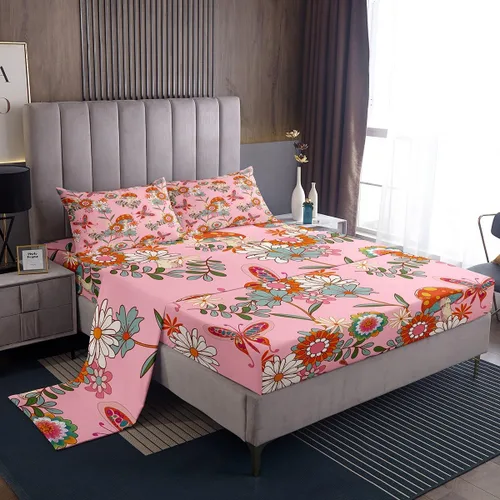 Vista 22 de Bonito juego de sábanas de flores para niñas y mujeres, sábanas coloridas de dibujos animados de flores funky de tamaño individual, bonito juego