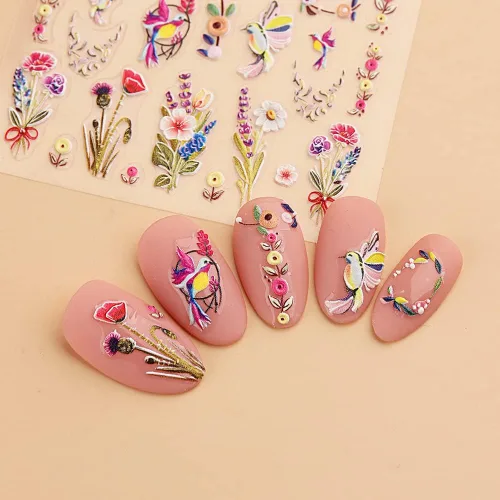 Vista 8 de Calcomanías de uñas bronceadas en relieve 5D, 3 hojas de flores de primavera, hierba, pájaro, calcomanías de arte de uñas, accesorios de uñas