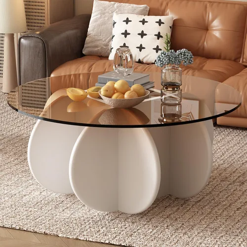 Vista 8 de Mesa de centro redonda de 31.5 pulgadas con parte superior de vidrio templado, mesa de cóctel moderna de mediados de siglo con base inspirada