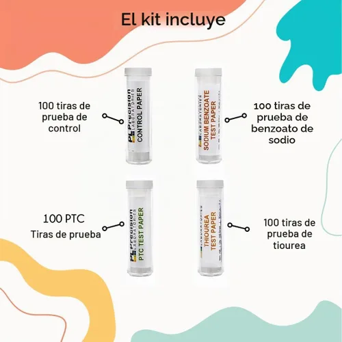 Vista 2 de Super Taster: Kits de prueba con estuche e instrucciones - Calidad de laboratorio - Juego para aula (100 juegos de tiras) - PTC, benzoato sódico