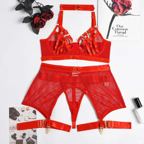 Vista 6 de Conjunto de lencería de red de cintura alta para mujer 3 piezas brasier y bragas sexy con tirantes y liguero para sexo travieso