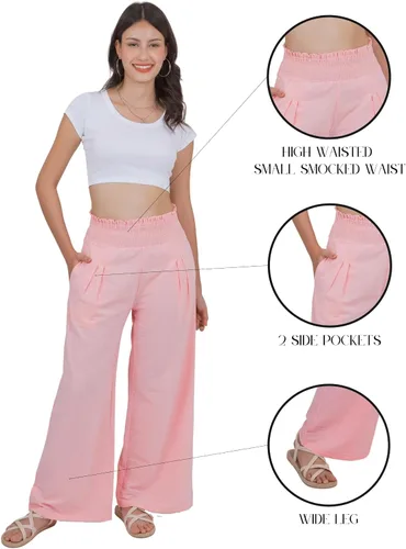 Vista 3 de LOFBAZ Pantalones palazzo de lino de pierna ancha para mujer, pantalones holgados casuales bohemios, de cintura alta, para playa, descanso