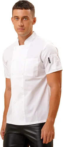Vista 3 de JanJean Chaqueta de chef clásica unisex para hombres y mujeres, chaqueta de chef ligera de manga corta para cocinar, camisa de uniforme, B03