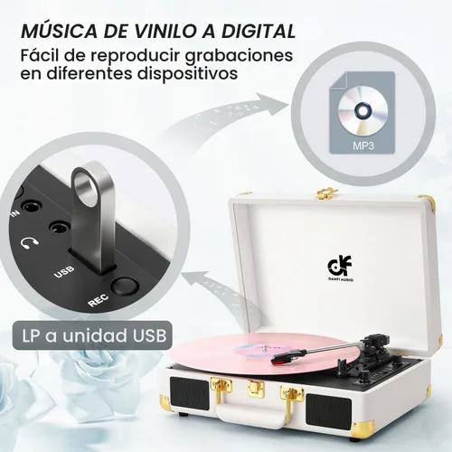 Vista 7 de Tocadiscos de vinilo Bluetooth, tocadiscos portátil vintage de 3 velocidades con 2 altavoces integrados, grabación USB, tocadiscos