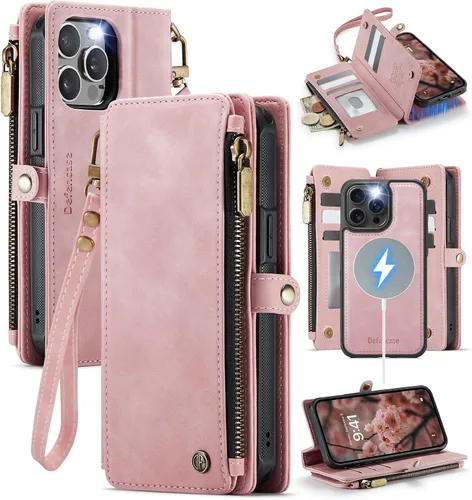 Vista 16 de Defencase Funda magnética para iPhone 13 Pro compatible con Magsafe con bloqueo RFID, correa de cremallera y tarjetero para mujer, funda de piel