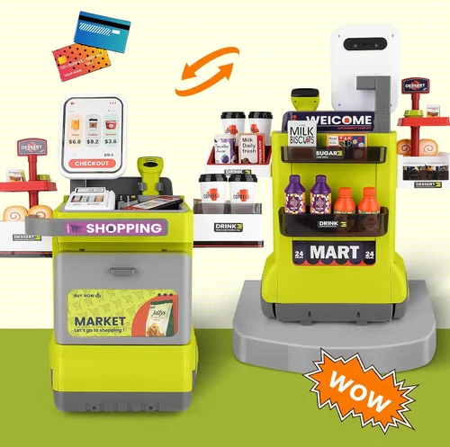 Vista 2 de deAO Juego de caja registradora para niños, 48 piezas de supermercado, juego de simulación de caja registradora con escáner, juego de alimentos