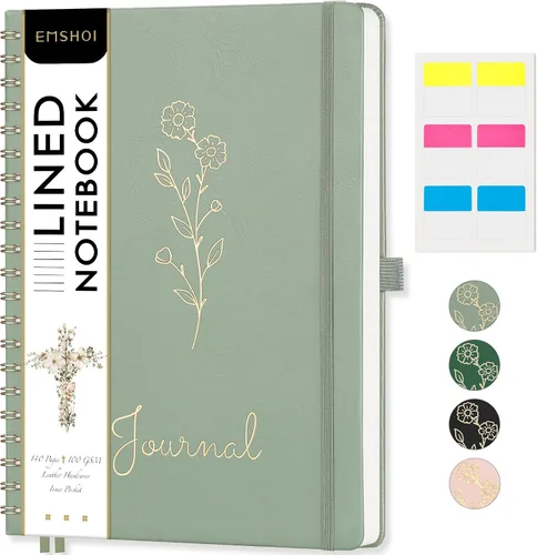 Vista 22 de EMSHOI Cuaderno de espiral con puntos, tapa dura de cuero, papel grueso de 3.53 oz/m², cuaderno de cuadrícula de puntos de 0.197 in para diario