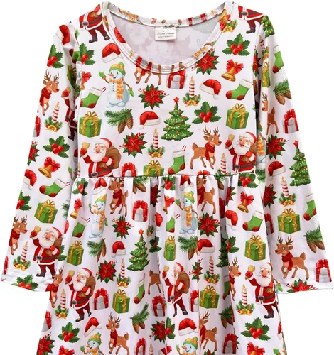 Vista 5 de Vestido de Navidad para niña pequeña, muñeco de nieve, árboles de Navidad, camión, a cuadros, reno, Papá Noel, vestido de invierno hasta la rodilla