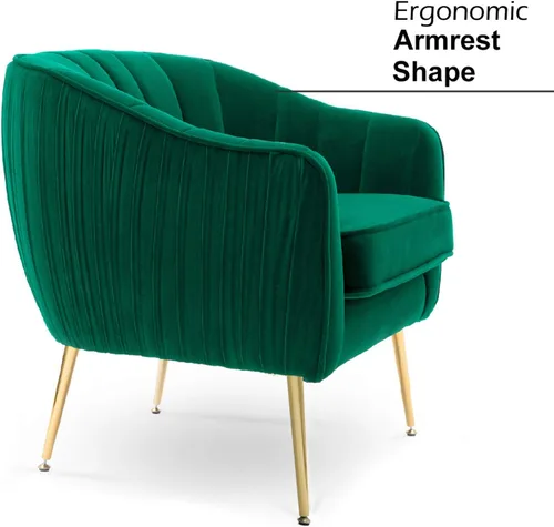 Vista 6 de Silla decorativa de terciopelo, moderna silla con brazo de barril con patas de metal con acabado dorado para sala de estar y dormitorio, color verde