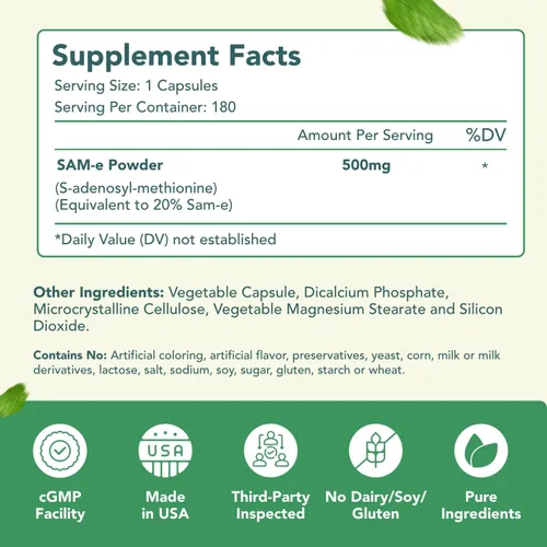Vista 8 de Suplemento SAM-e de 500 mg – Cápsulas de S-adenosil-L-metionina de 500 mg de alta resistencia para el hígado cerebral y el estado de ánimo, alta