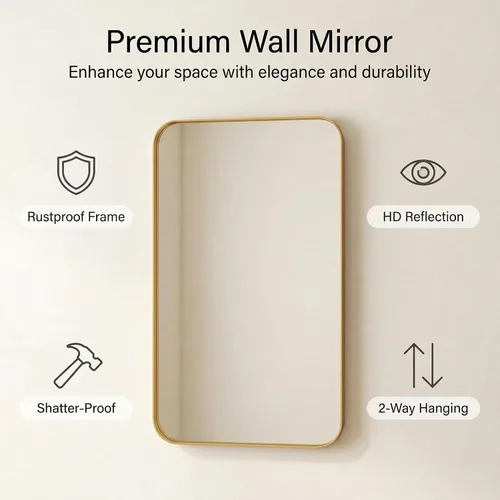 Vista 6 de Tangkula Espejo de baño dorado de 20 x 32 pulgadas, espejo de tocador rectangular redondeado con marco de metal, dorado mate, vidrio templado