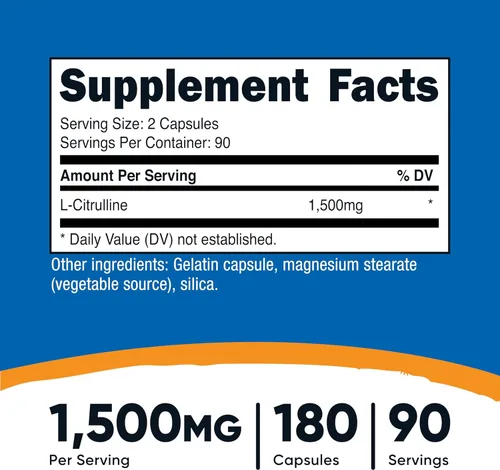 Vista 2 de Nutricost L-citrulina 1500 mg, 180 cápsulas – 750 mg por cápsula, sin gluten, sin OMG, el embalaje puede variar (paquete de 2)