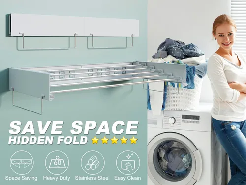 Vista 2 de Estante de secado de ropa oculto montado en la pared, organizador de lavandería extraíble con 5 varillas de acero inoxidable, plegable y plegable