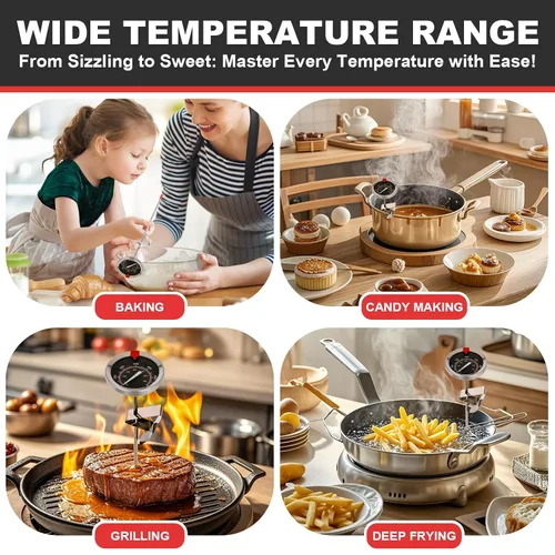 Vista 4 de Termómetro de caramelo que brilla en la oscuridad, impermeable, IP67-9 pulgadas, para freír y dulces con clip para olla, alto calor, impermeable