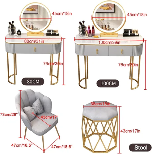 Vista 2 de Escritorio de tocador con espejo iluminado, mesa de tocador de lujo ligera con luces, 3 modos de iluminación de color, brillo ajustable, mesa