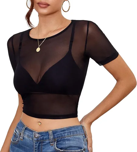 Vista 4 de Camiseta corta de malla para mujer, sexy, transparente, para mujer Negro