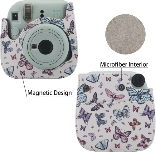 Vista 3 de Funda Protectora Compatible con Cámara de Fotos Instantáneas Fujifilm Instax Mini 12 11 9 8 con Bolsillo y Correa Ajustable (Mariposa Grande Pequeña)