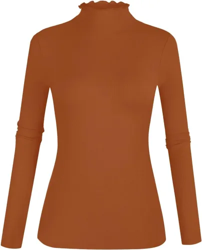 Vista 22 de POPZONE - Camiseta de manga larga con cuello alto falso, ajustada, de punto acanalado con ribete de lechuga para mujer