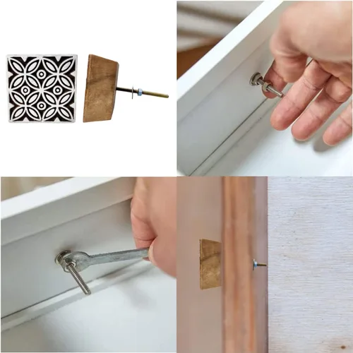 Vista 8 de Hashcart Pomos de madera para gabinetes de cocina, juego de 6 pomos tallados a mano con diseño floral para gabinete y cajón, color marrón