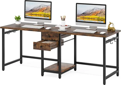 Vista 7 de Tribesigns Escritorio para dos personas, escritorio doble de 79 pulgadas con 2 cajones, escritorio grande para computadora, escritorios largos