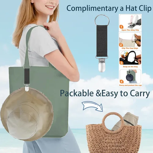 Vista 3 de vidsel Sombreros de sol para mujer, de ala ancha, reversible, de algodón, plegable, de verano, con clip para sombrero, protección UV Beige